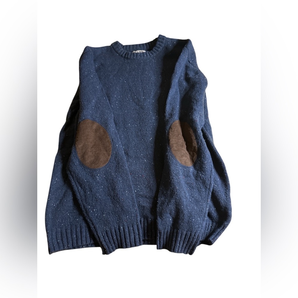 Line of Trade Wool Blend Navy Crew Neck Confetti Knit Elbow Patch Sweater Large